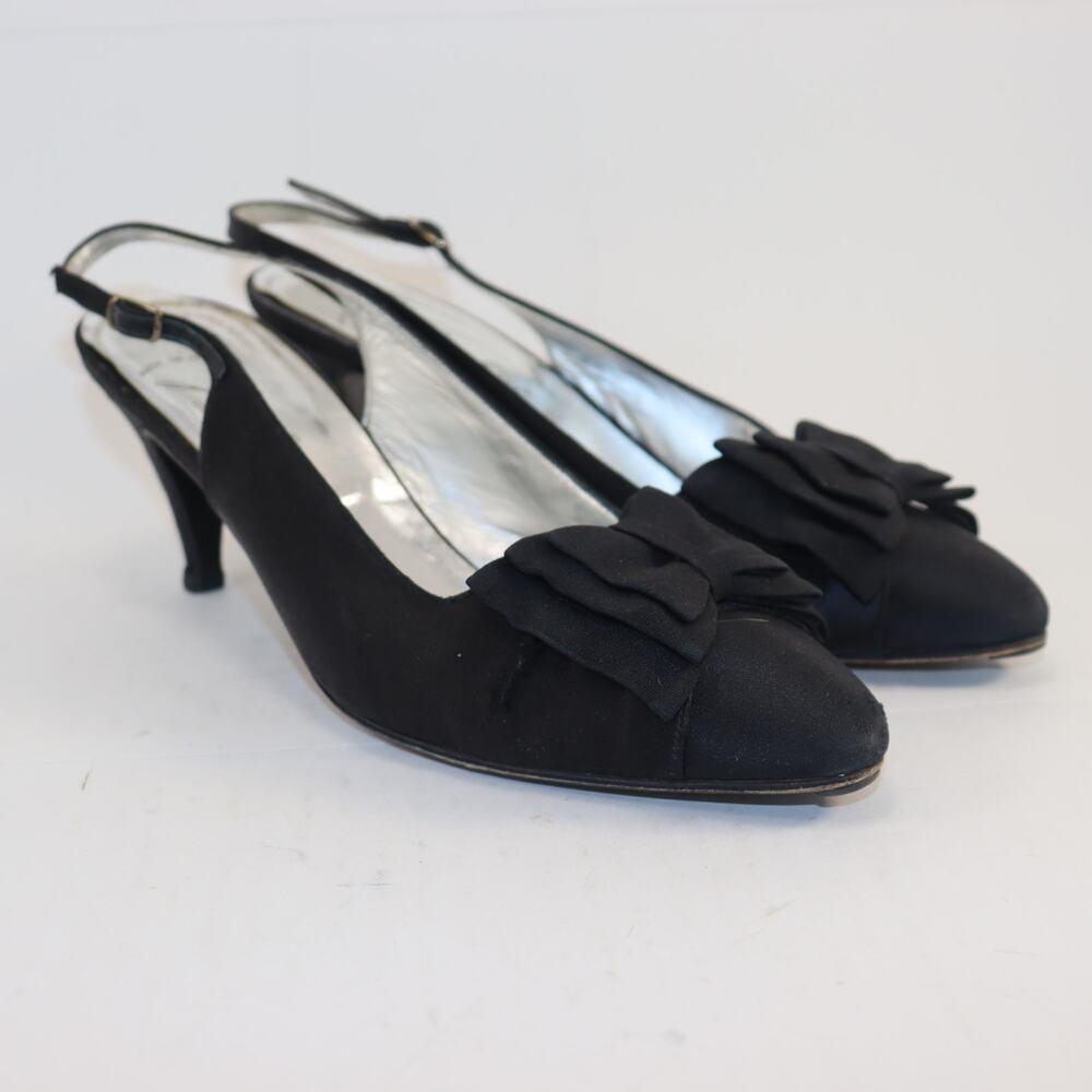 Vintage‎ Garolini Black Satin Slingback Pumps – Size 9.5AA, Bow Detail